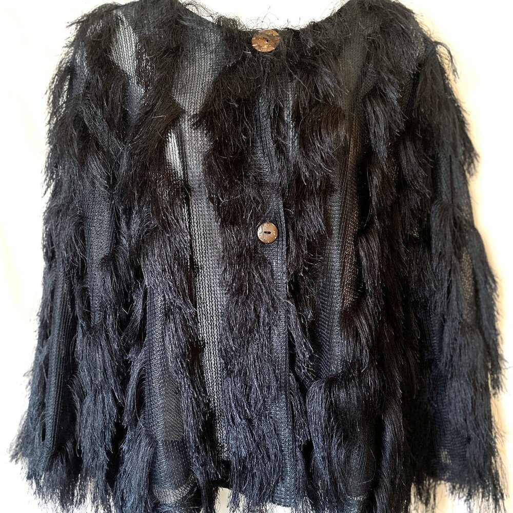 NWOT Colleen Lopez Women's Medium Navy Blue 3/4 sleeve Fun Feathery Sweater